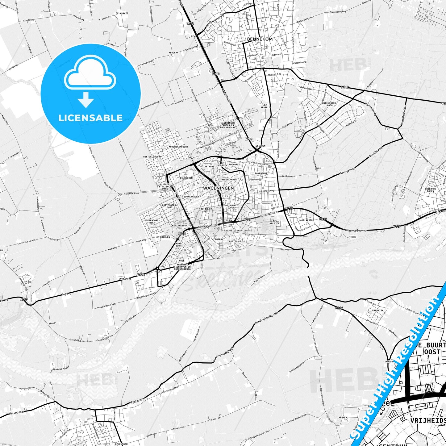 Wageningen, Netherlands Light Map with Street Names, City Names, and Districts