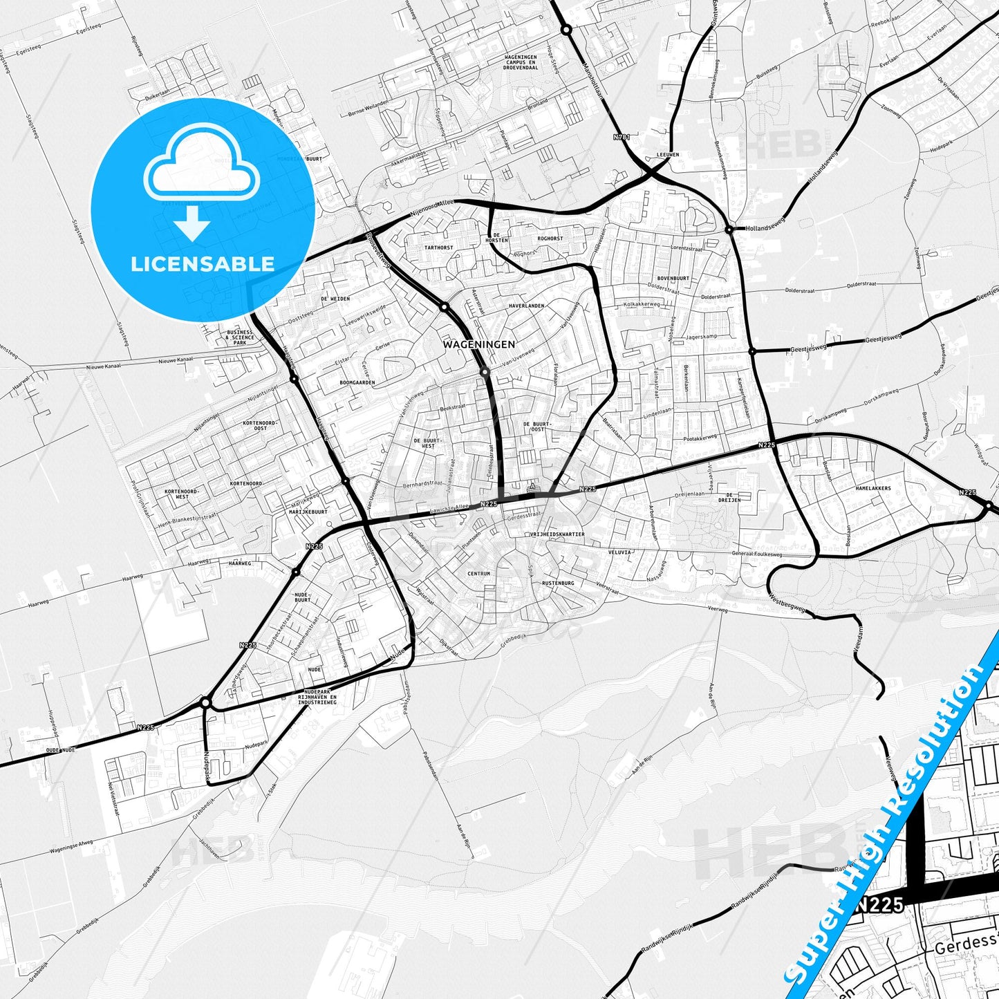 Wageningen, Netherlands Light Map with Street Names, City Names, and Districts
