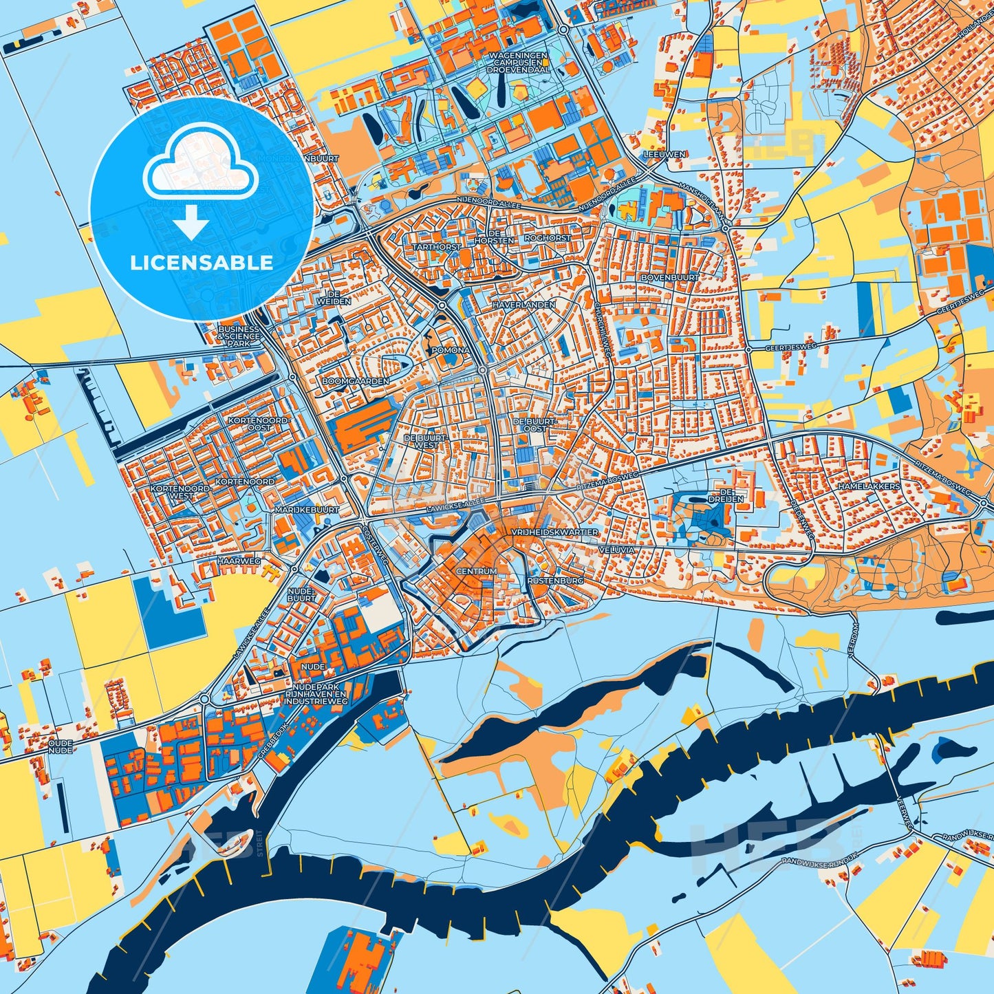 Colorful Wageningen Street Map with Labels and Buildings