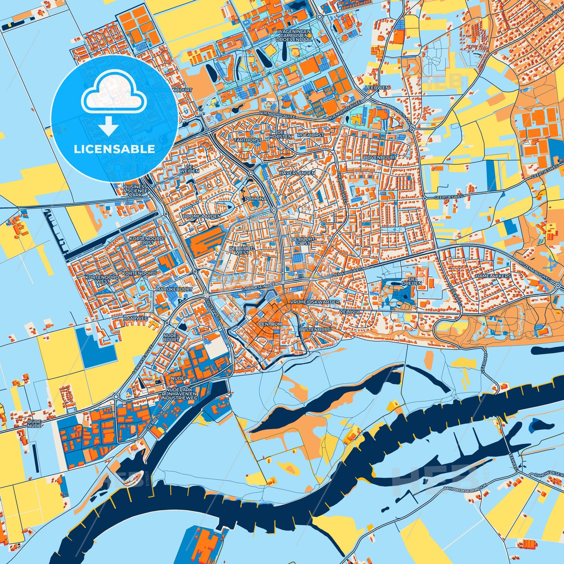 Colorful Wageningen Street Map with Labels and Buildings