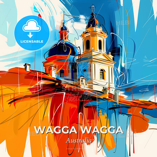 Vibrant Wagga Wagga, Australia - A Painting Of A Building With A Blue And Orange Roof - Square format print template
