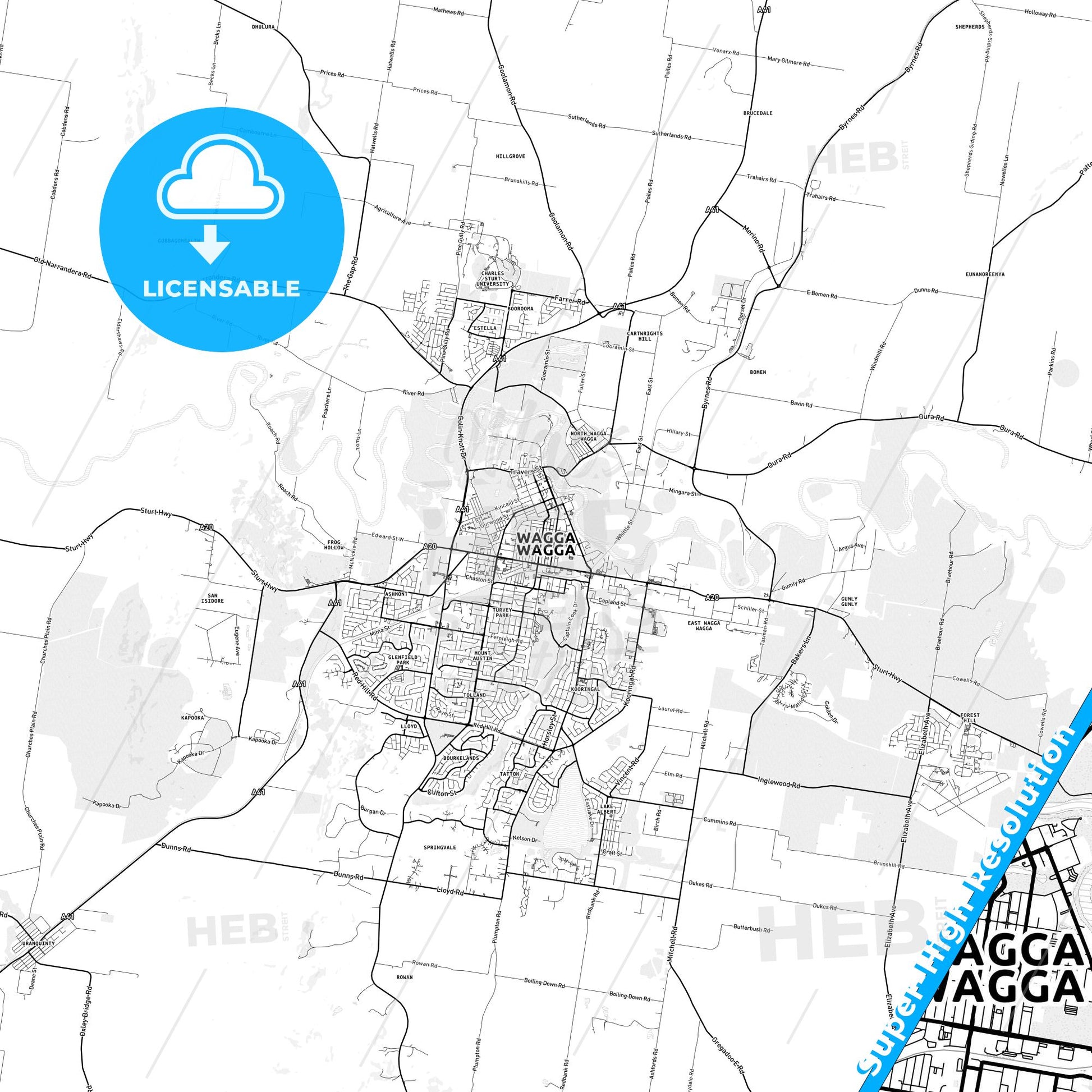 Wagga Wagga, Australia light map with streetnames, citynames and districts