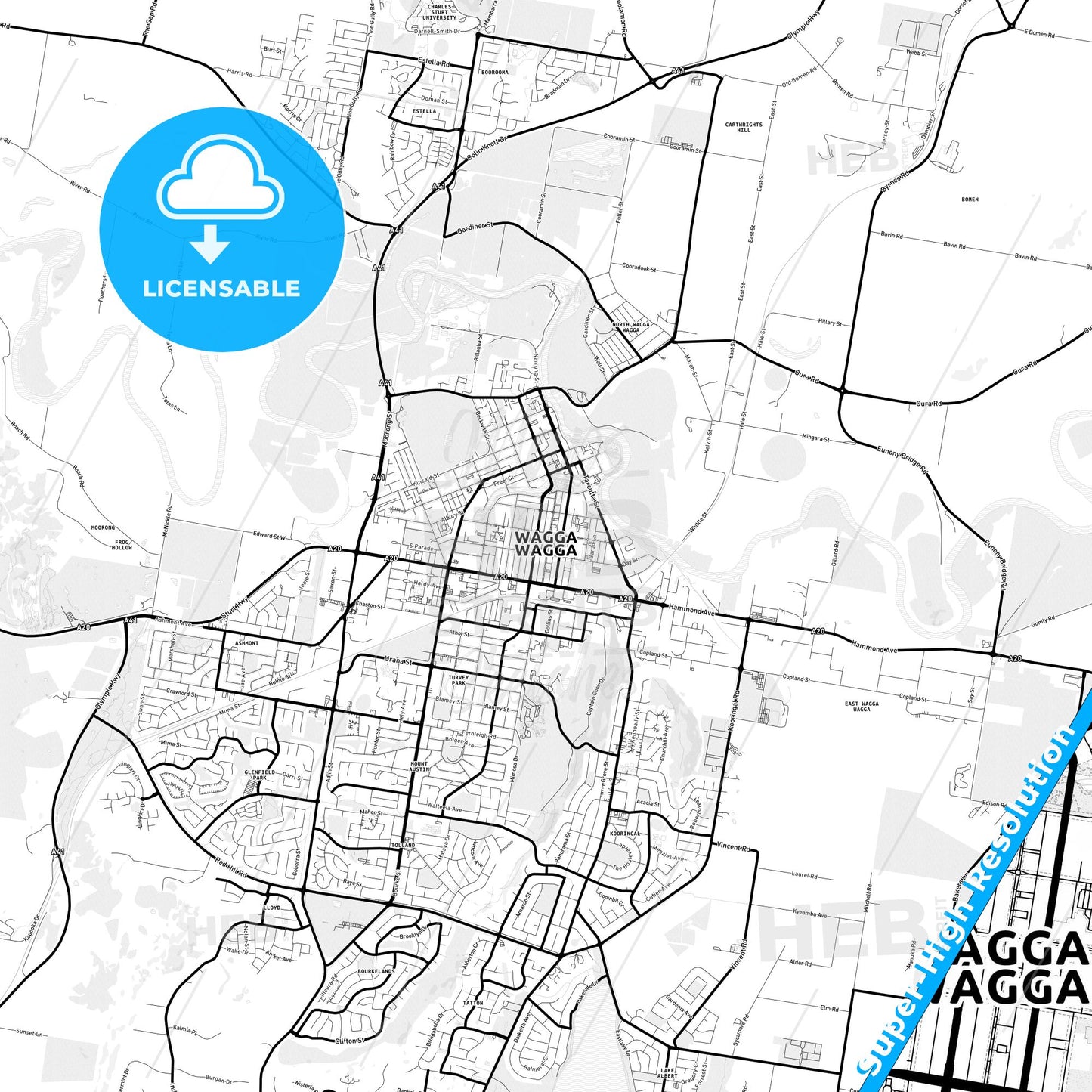Wagga Wagga, Australia Light Map with Street Names, City Names, and Districts
