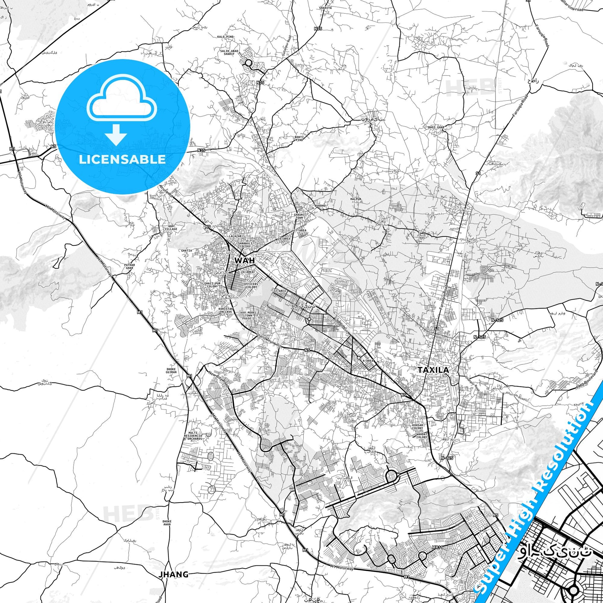 Wah Cantonment, Pakistan light map with streetnames, citynames and districts