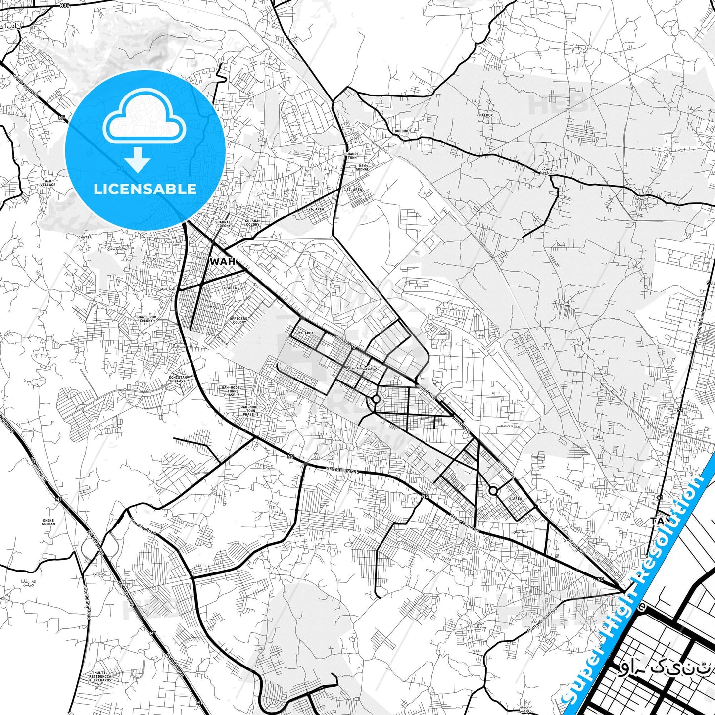 Wah Cantonment, Pakistan Light Map with Street Names, City Names, and Districts