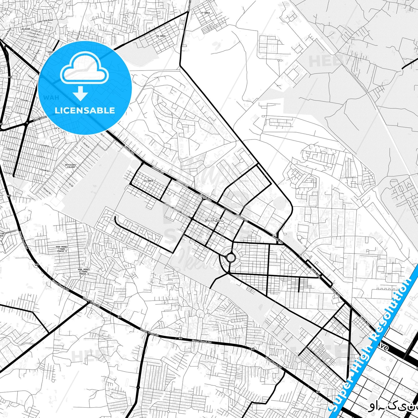 Wah Cantonment, Pakistan Light Map with Street Names, City Names, and Districts