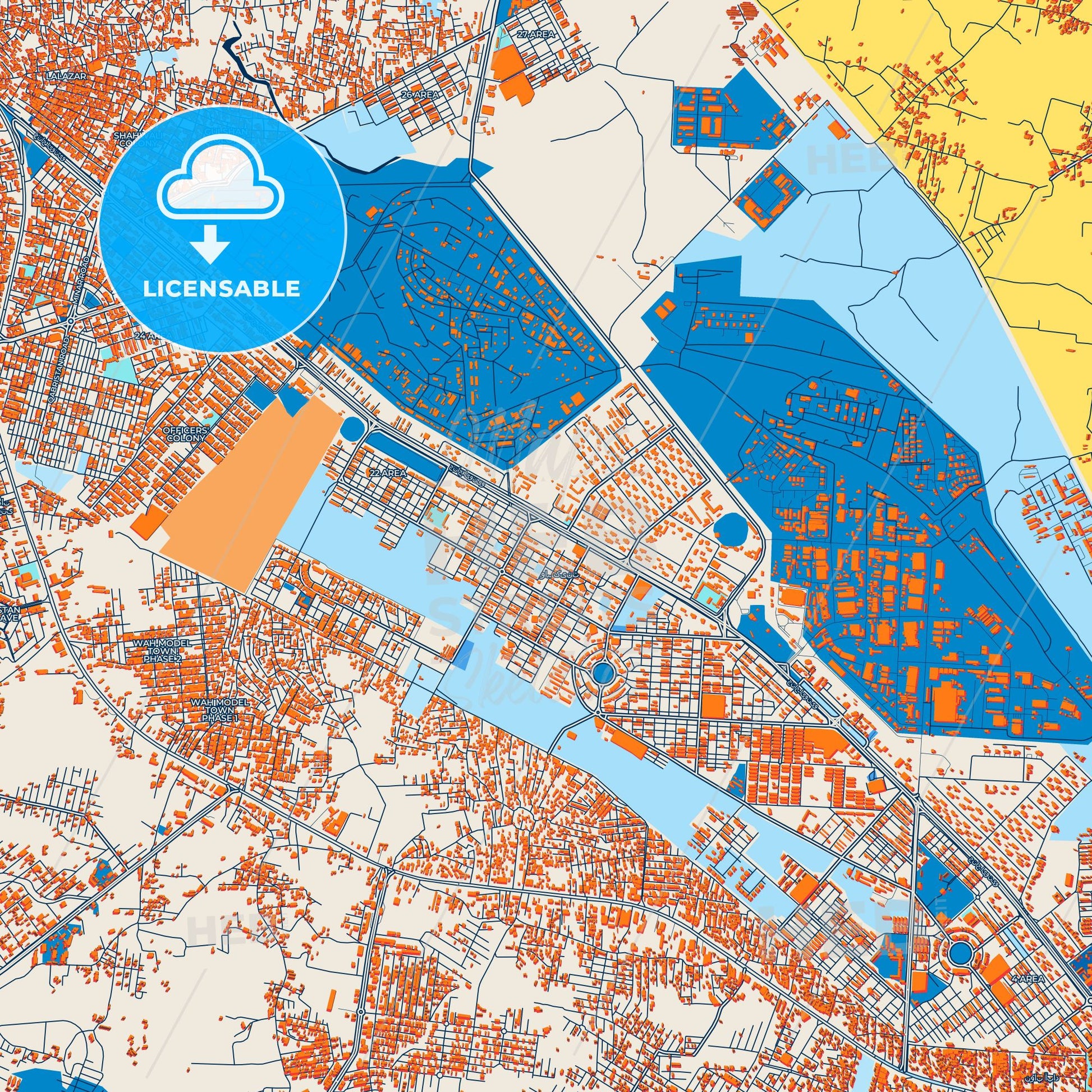 Colorful Wah Cantonment Street Map with Labels and Buildings