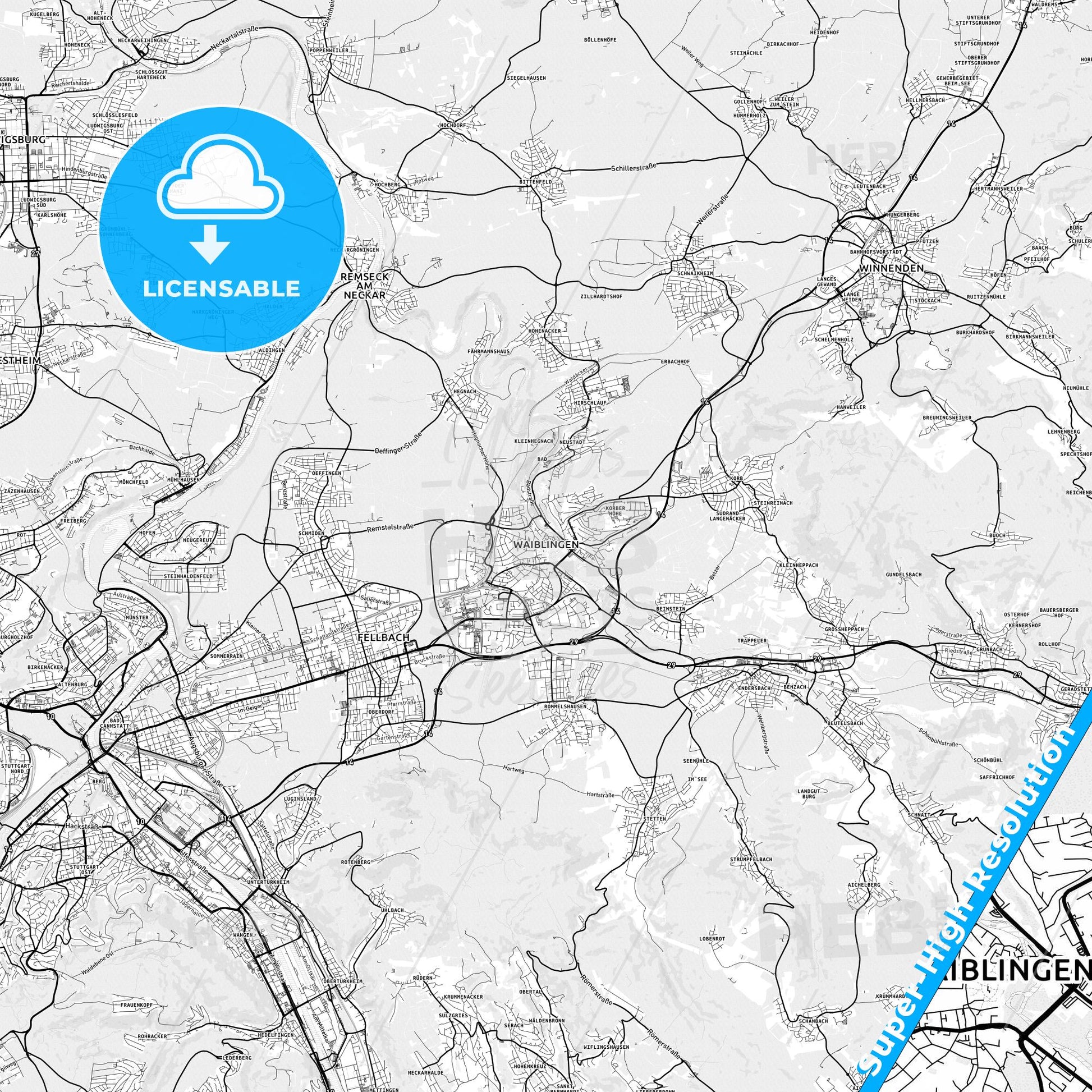 Waiblingen, Germany light map with streetnames, citynames and districts