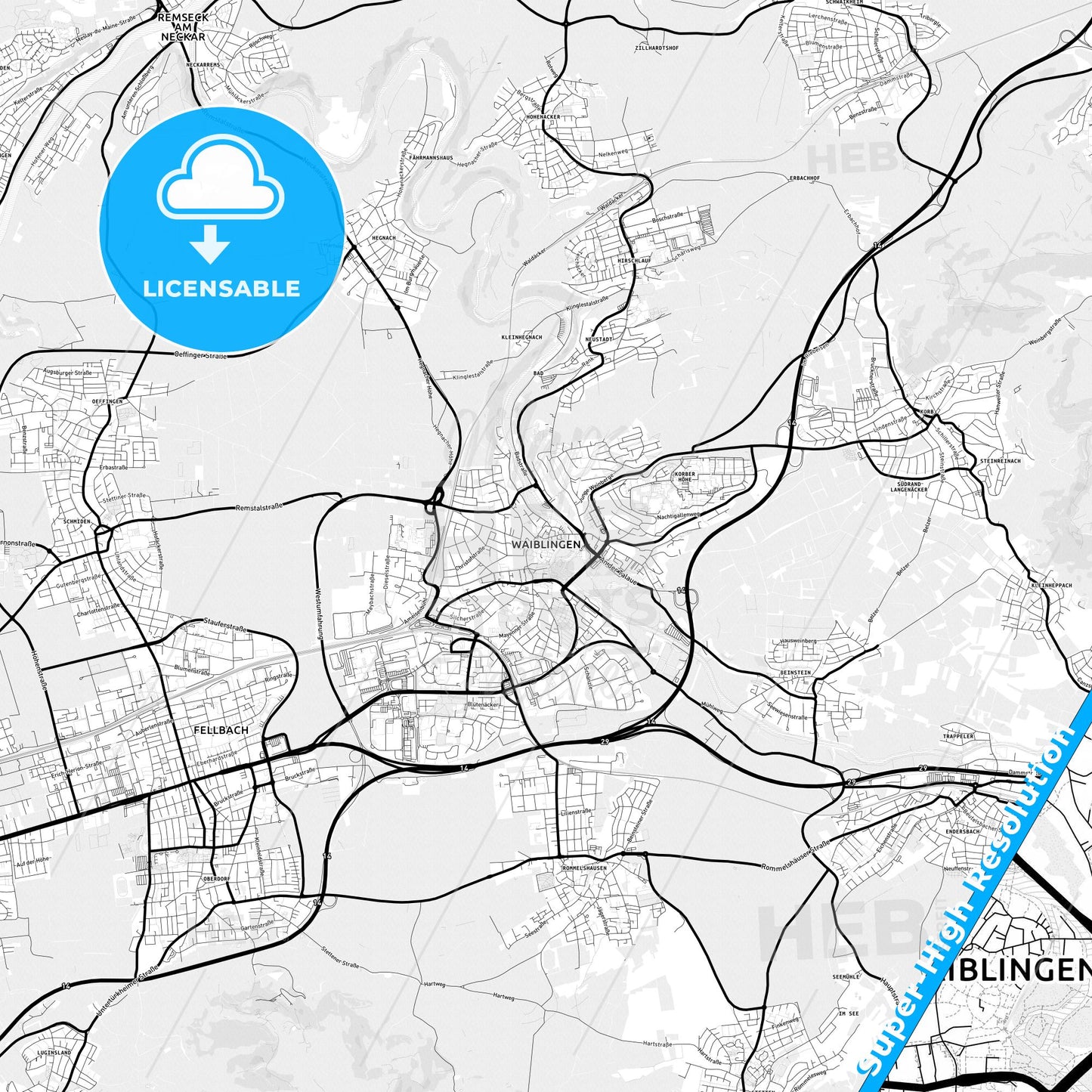 Waiblingen, Germany Light Map with Street Names, City Names, and Districts