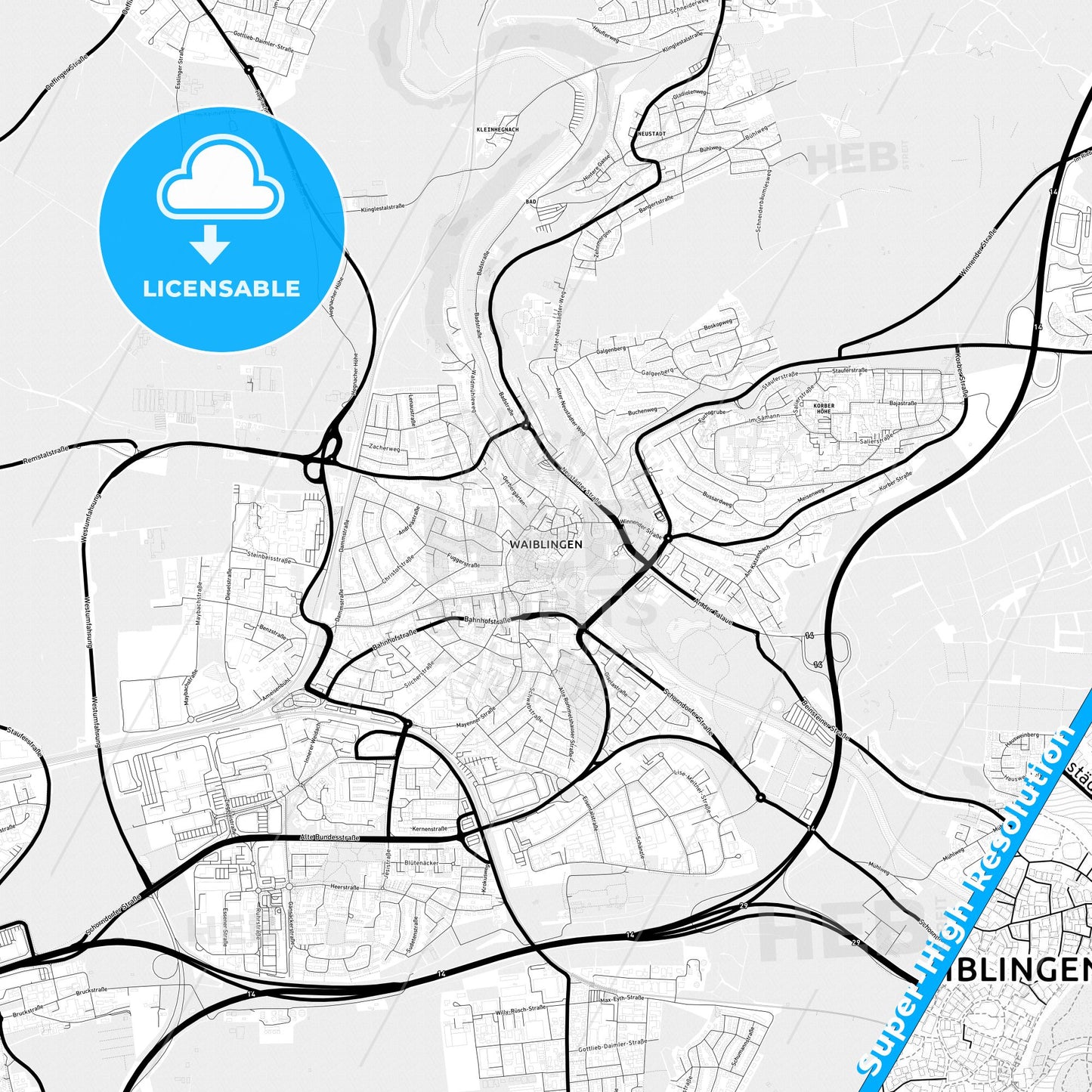 Waiblingen, Germany Light Map with Street Names, City Names, and Districts