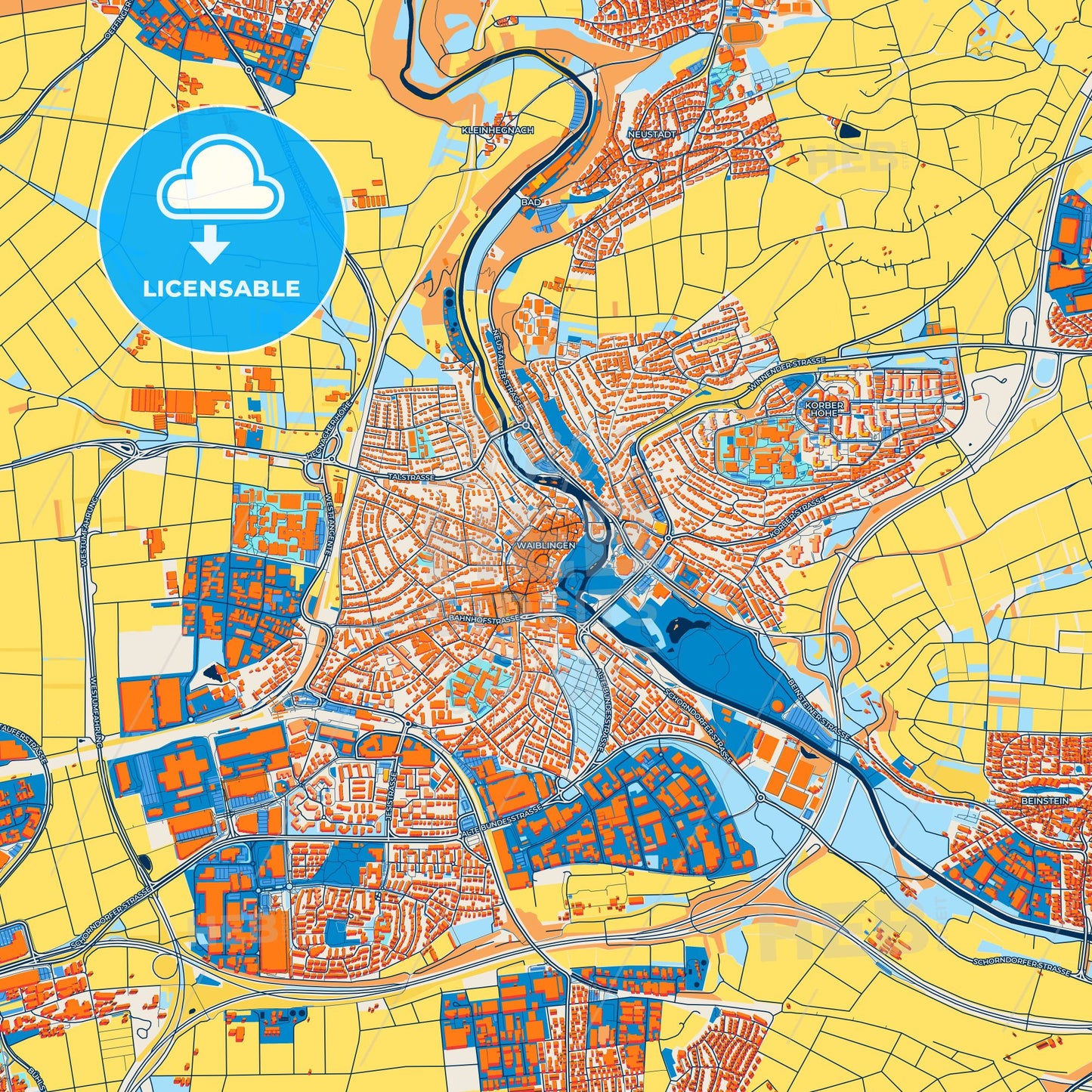 Colorful Waiblingen Street Map with Labels and Buildings