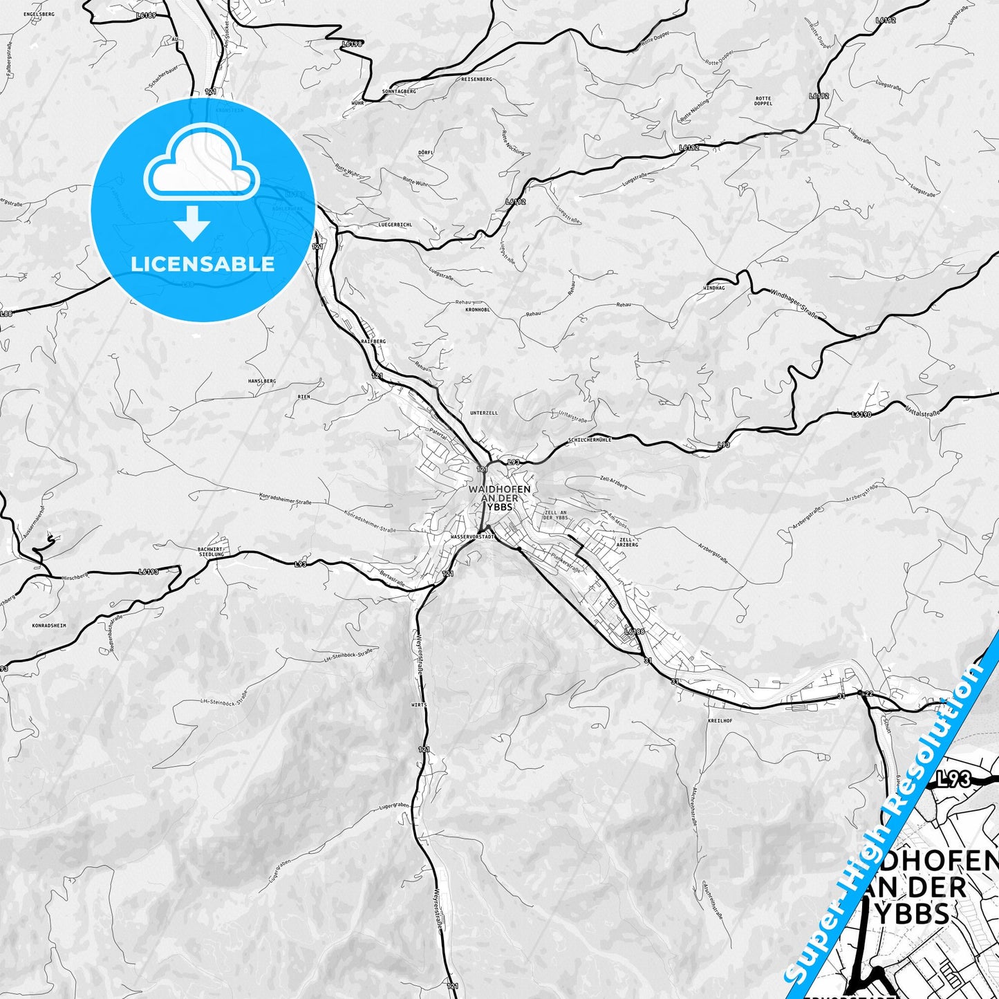 Waidhofen, Austria Light Map with Street Names, City Names, and Districts