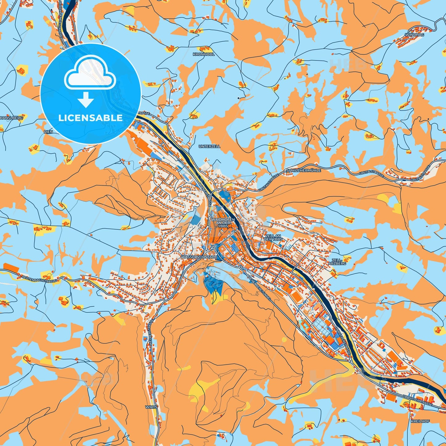 Colorful Waidhofen Street Map with Labels and Buildings