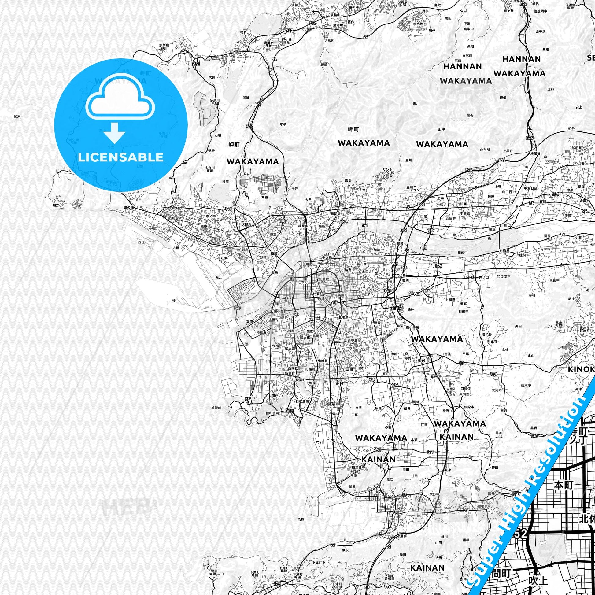 Wakayama, Japan light map with streetnames, citynames and districts