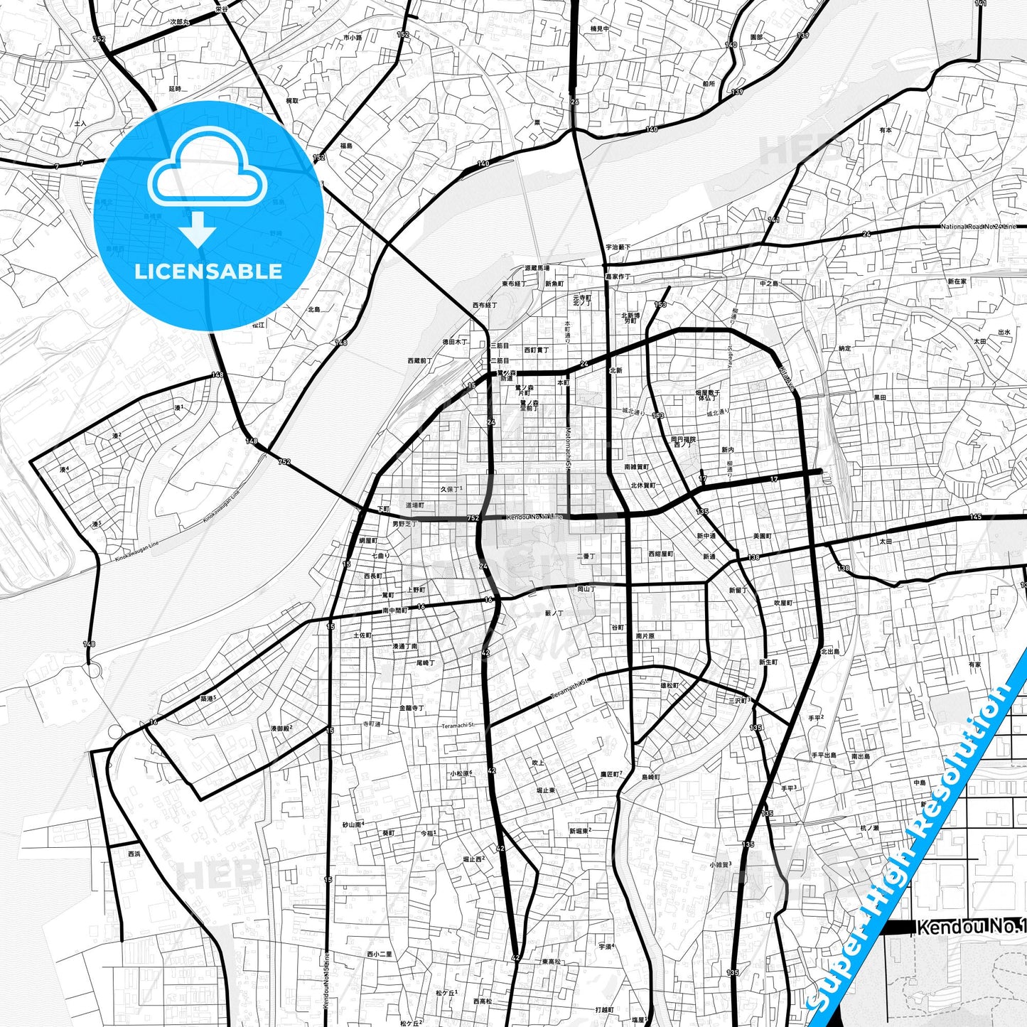 Wakayama, Japan Light Map with Street Names, City Names, and Districts