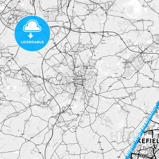 Wakefield, England light map with streetnames, citynames and districts