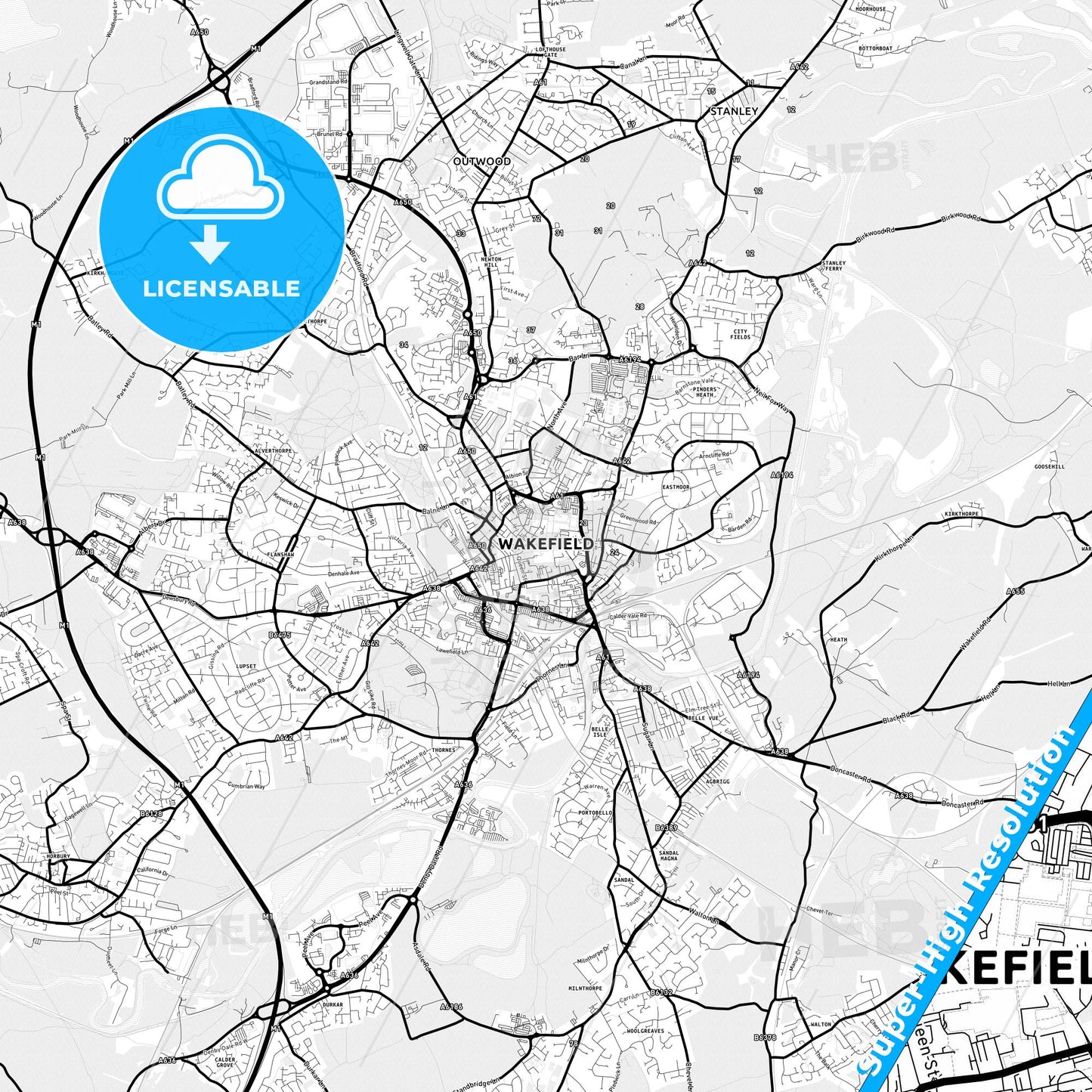 Wakefield, England Light Map with Street Names, City Names, and Districts