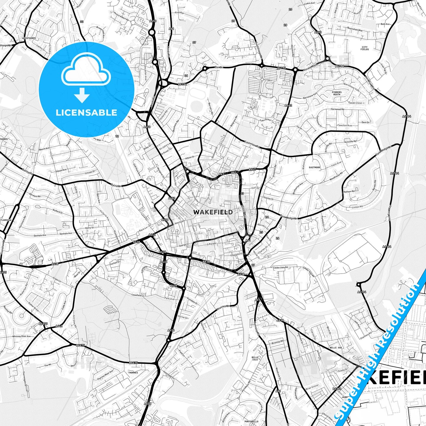 Wakefield, England Light Map with Street Names, City Names, and Districts