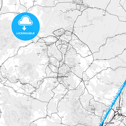 Wałbrzych, Poland light map with streetnames, citynames and districts