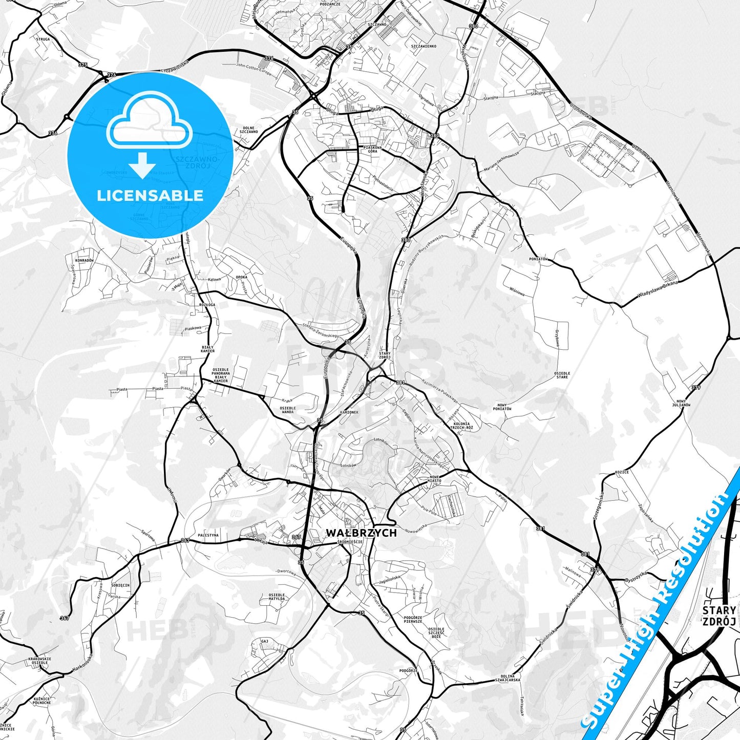 Wałbrzych, Poland Light Map with Street Names, City Names, and Districts