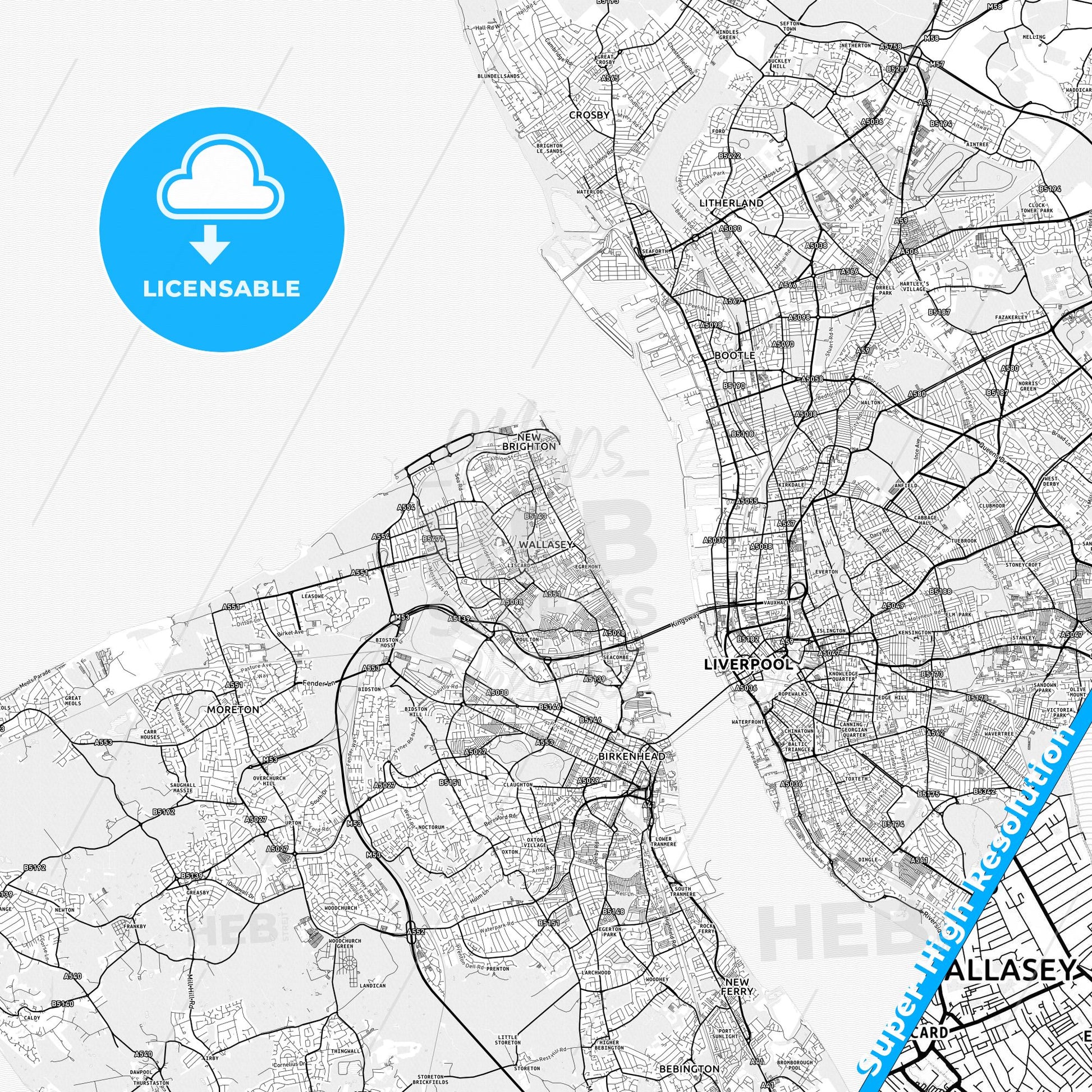 Wallasey, England light map with streetnames, citynames and districts