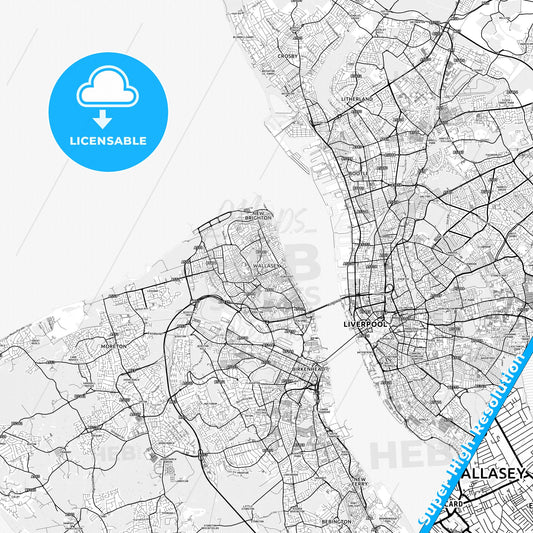 Wallasey, England light map with streetnames, citynames and districts