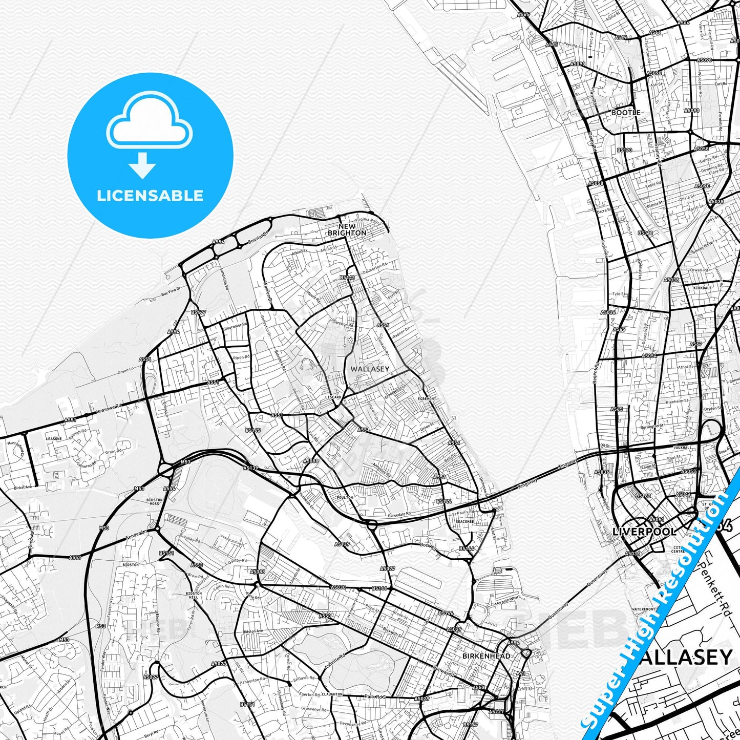 Wallasey, England Light Map with Street Names, City Names, and Districts