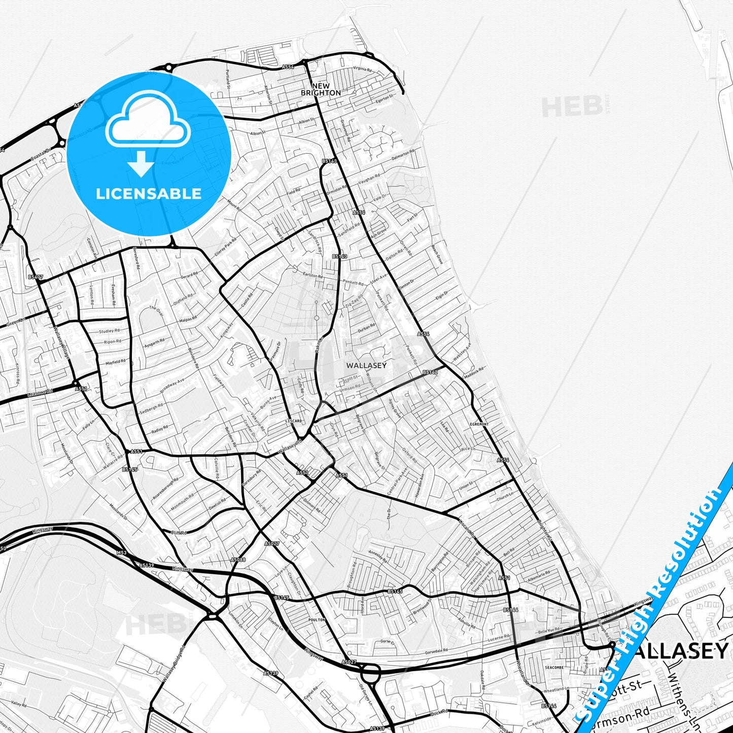 Wallasey, England Light Map with Street Names, City Names, and Districts