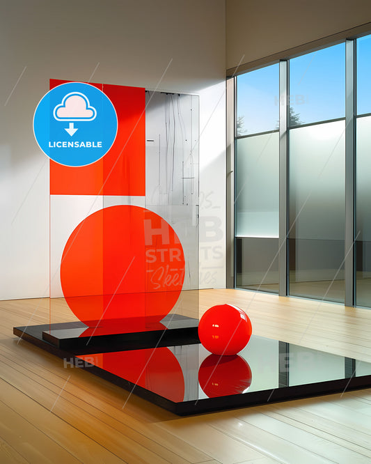 Abstract Geometric Bauhaus Art: Vibrant Red and White Objects on Black Canvas