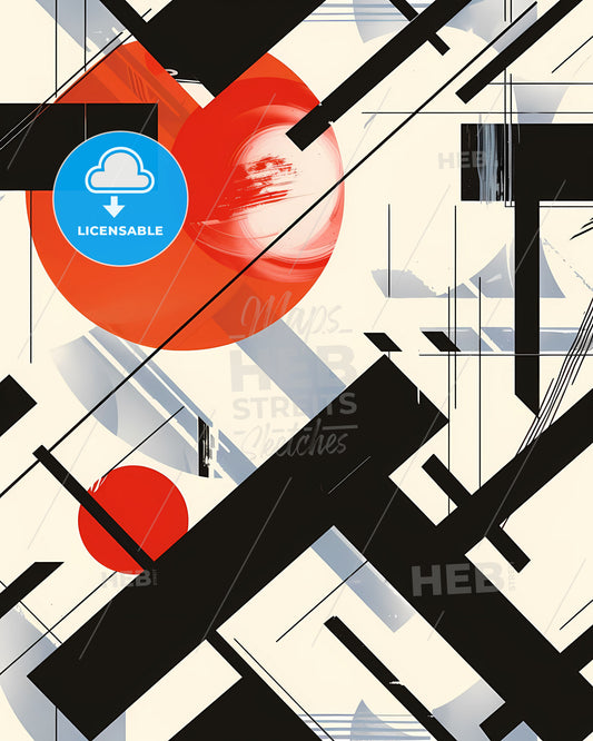 Bauhaus-Inspired Abstract Art: Bold Lines and Vibrant Circles in Black and Red