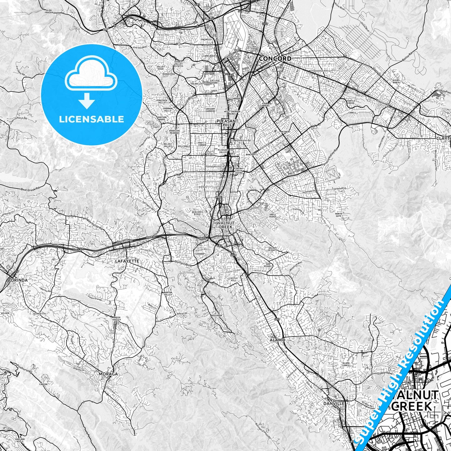 Walnut Creek, California light map with streetnames, citynames and districts