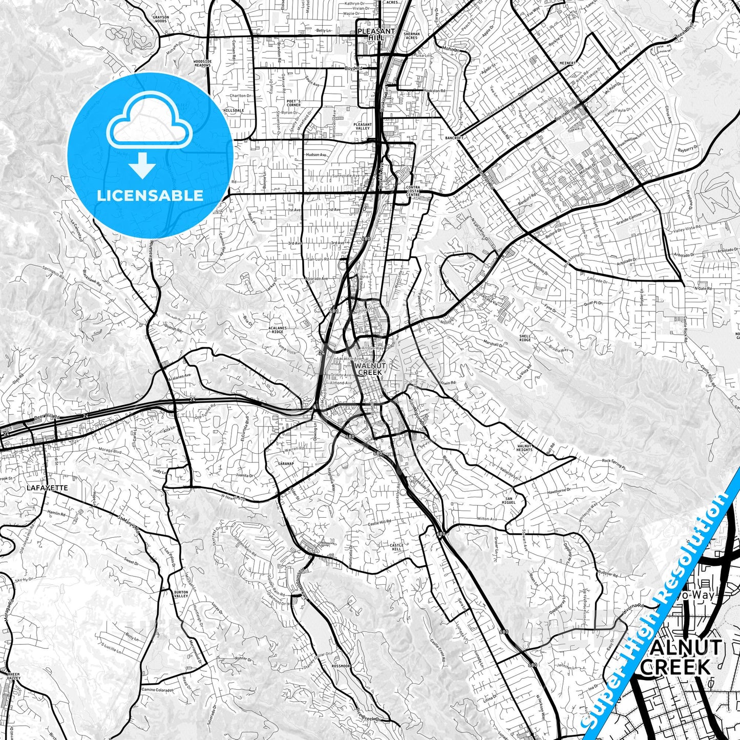 Walnut Creek, California Light Map with Street Names, City Names, and Districts