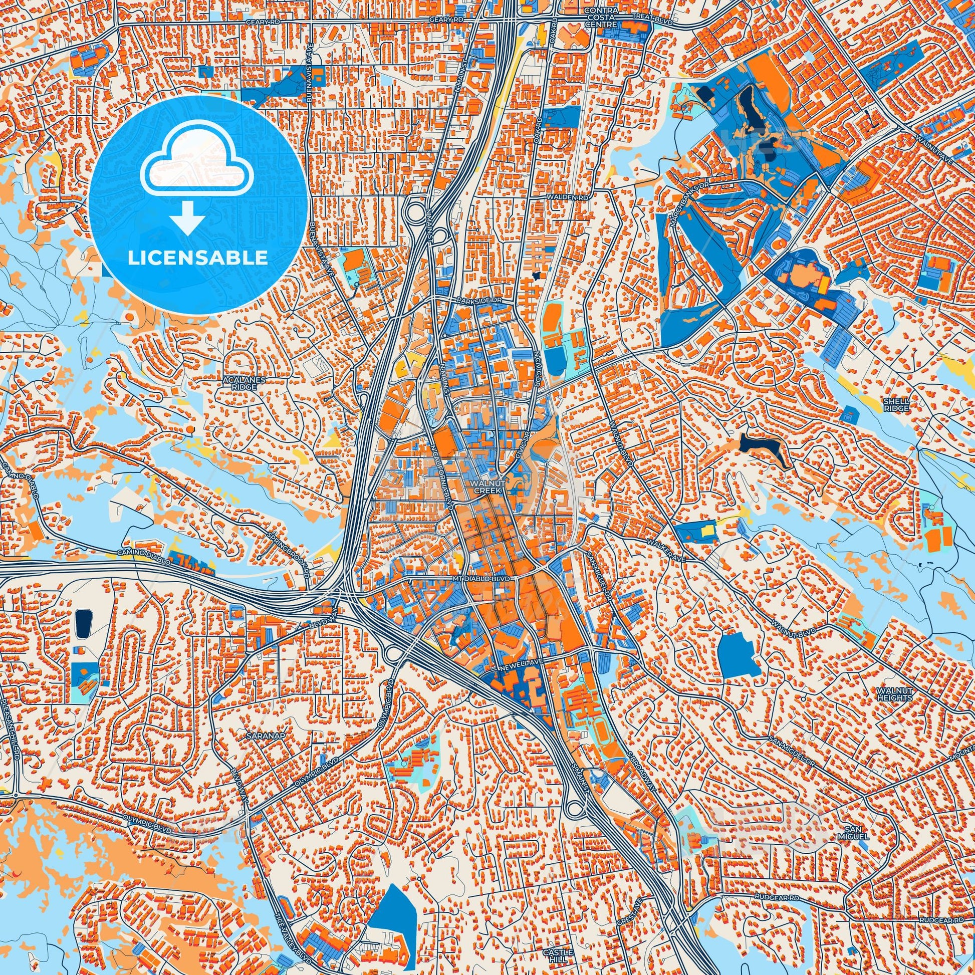 Colorful Walnut Creek Street Map with Labels and Buildings