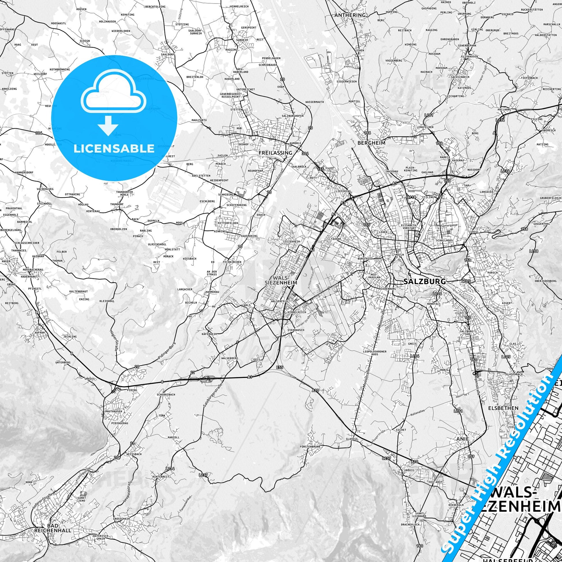 Wals-Siezenheim, Austria light map with streetnames, citynames and districts