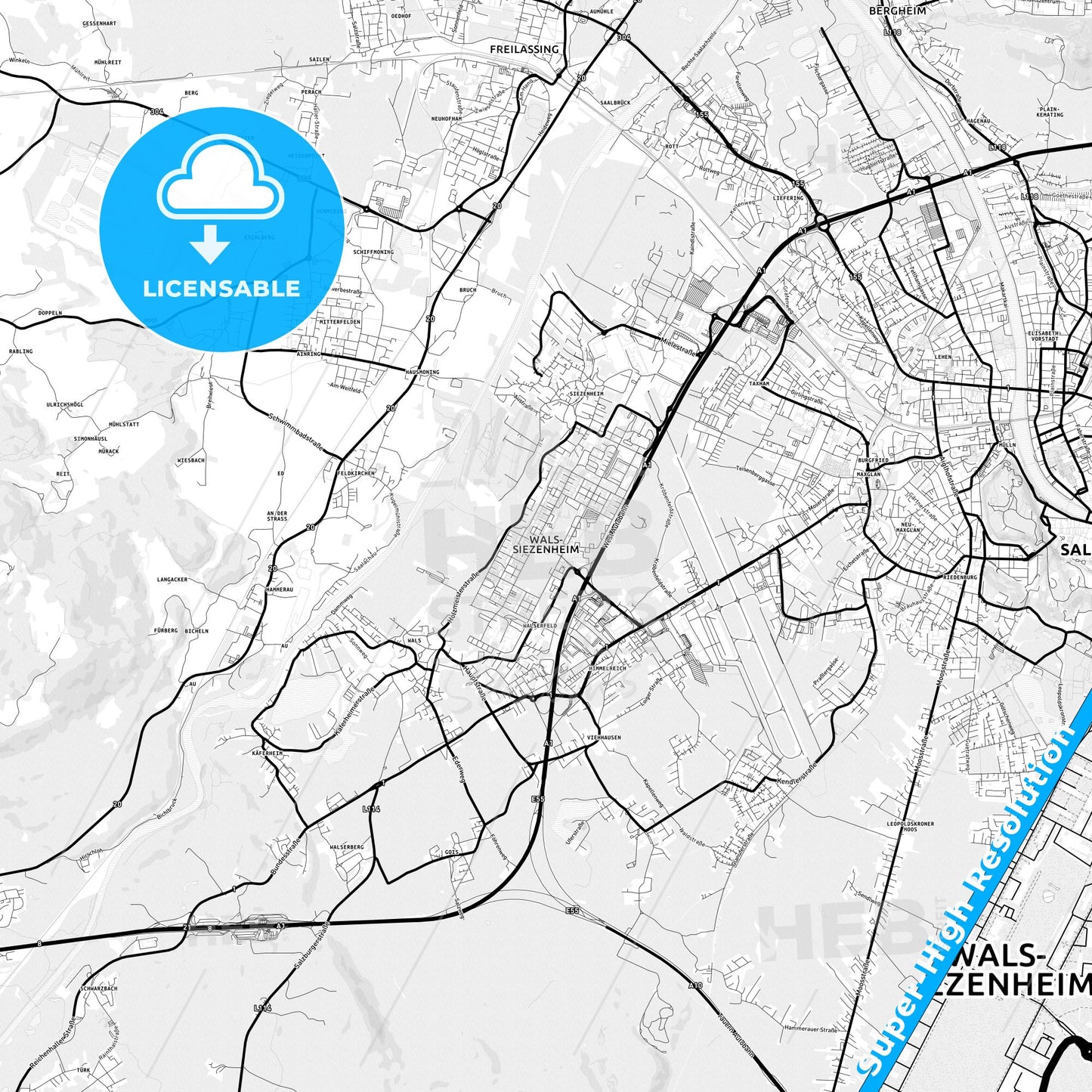Wals-Siezenheim, Austria Light Map with Street Names, City Names, and Districts