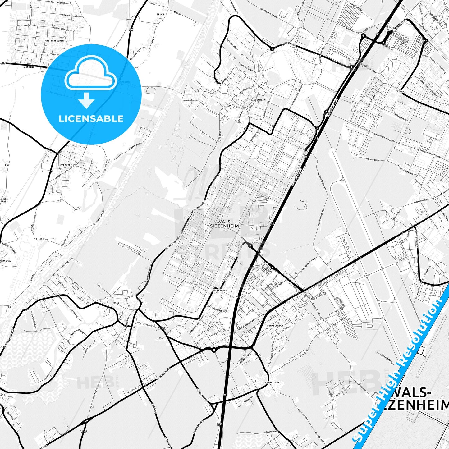 Wals-Siezenheim, Austria Light Map with Street Names, City Names, and Districts