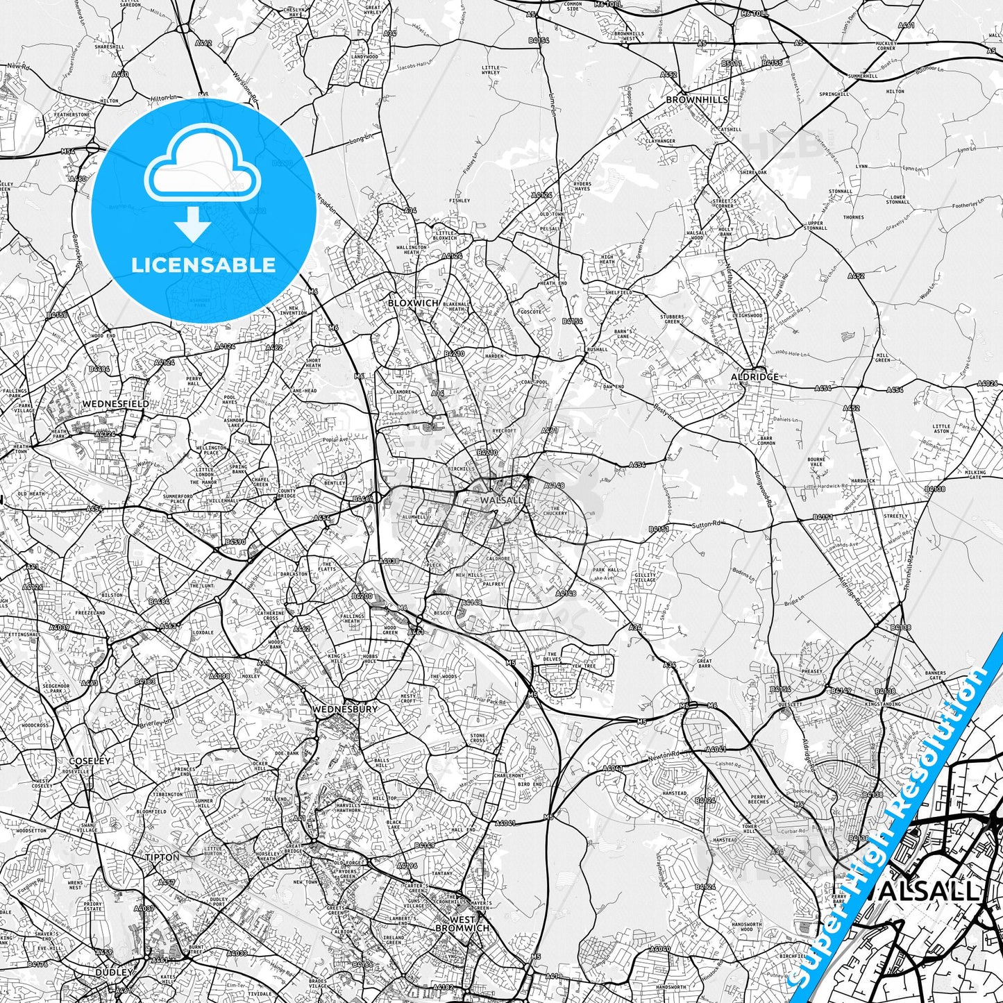 Walsall, England light map with streetnames, citynames and districts