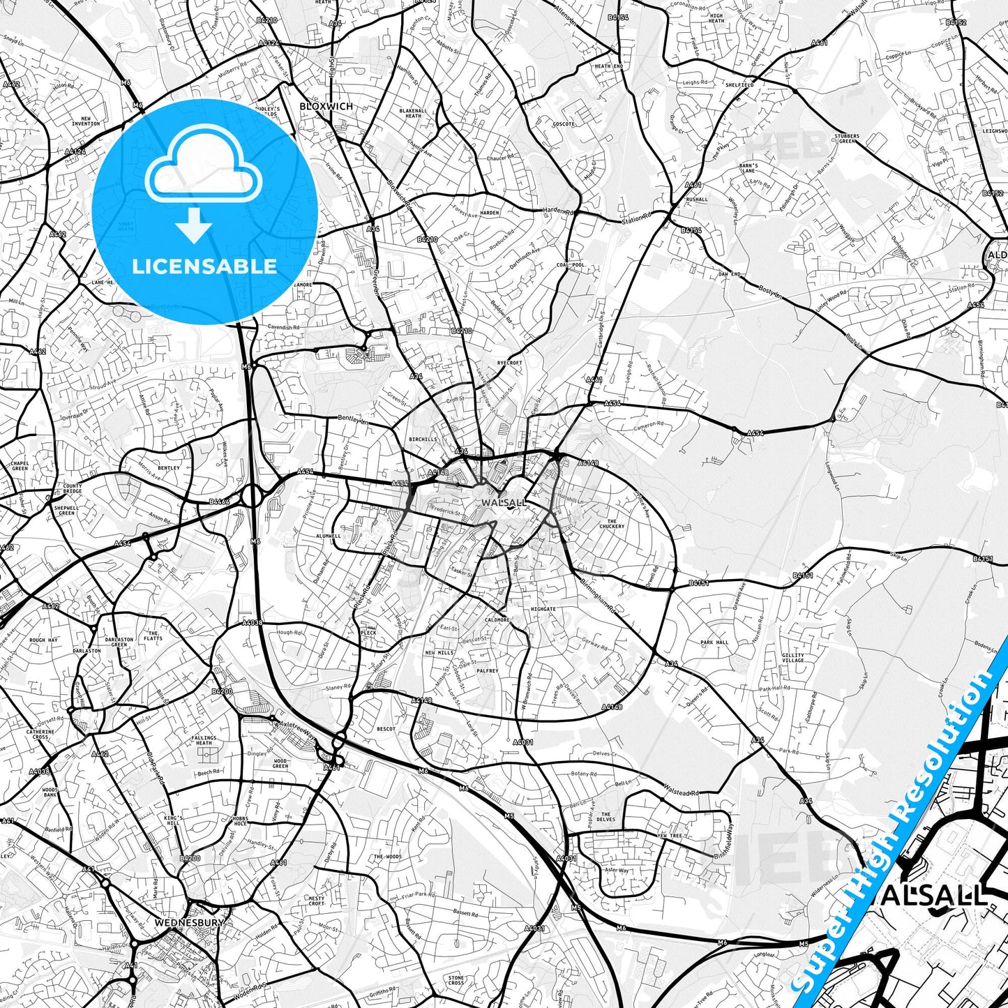 Walsall, England Light Map with Street Names, City Names, and Districts