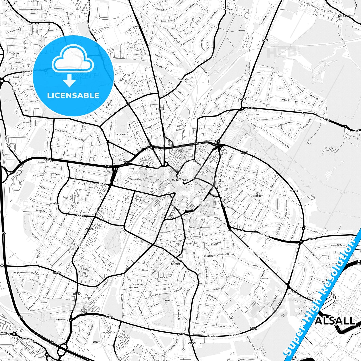 Walsall, England Light Map with Street Names, City Names, and Districts