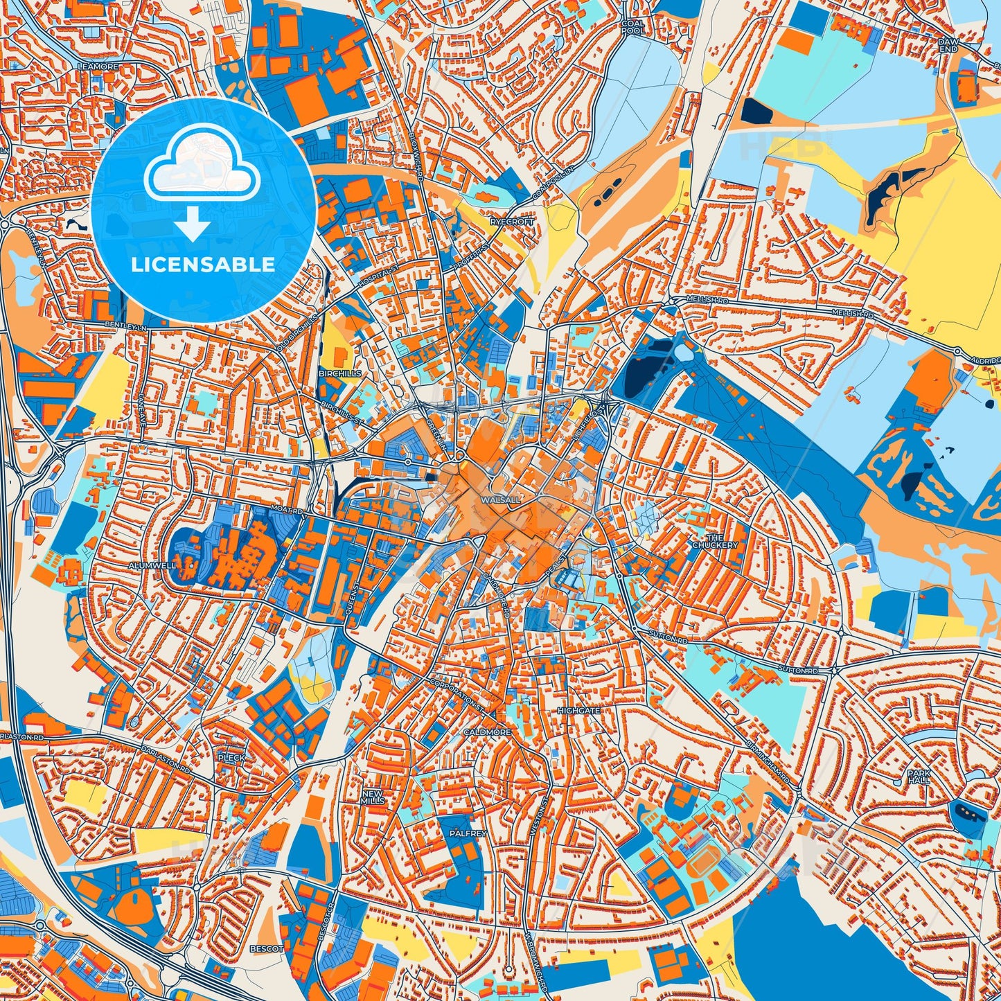 Colorful Walsall Street Map with Labels and Buildings