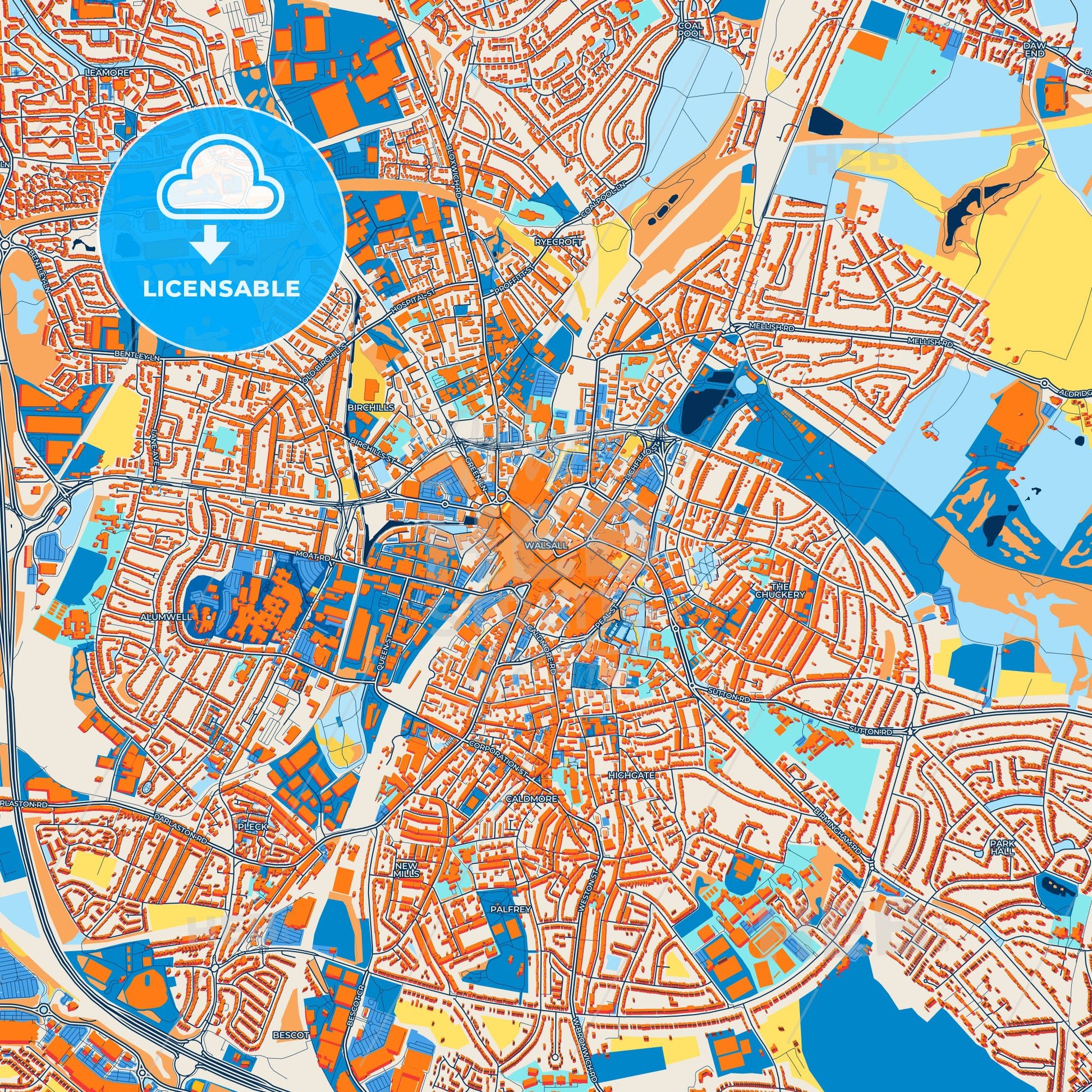 Colorful Walsall Street Map with Labels and Buildings