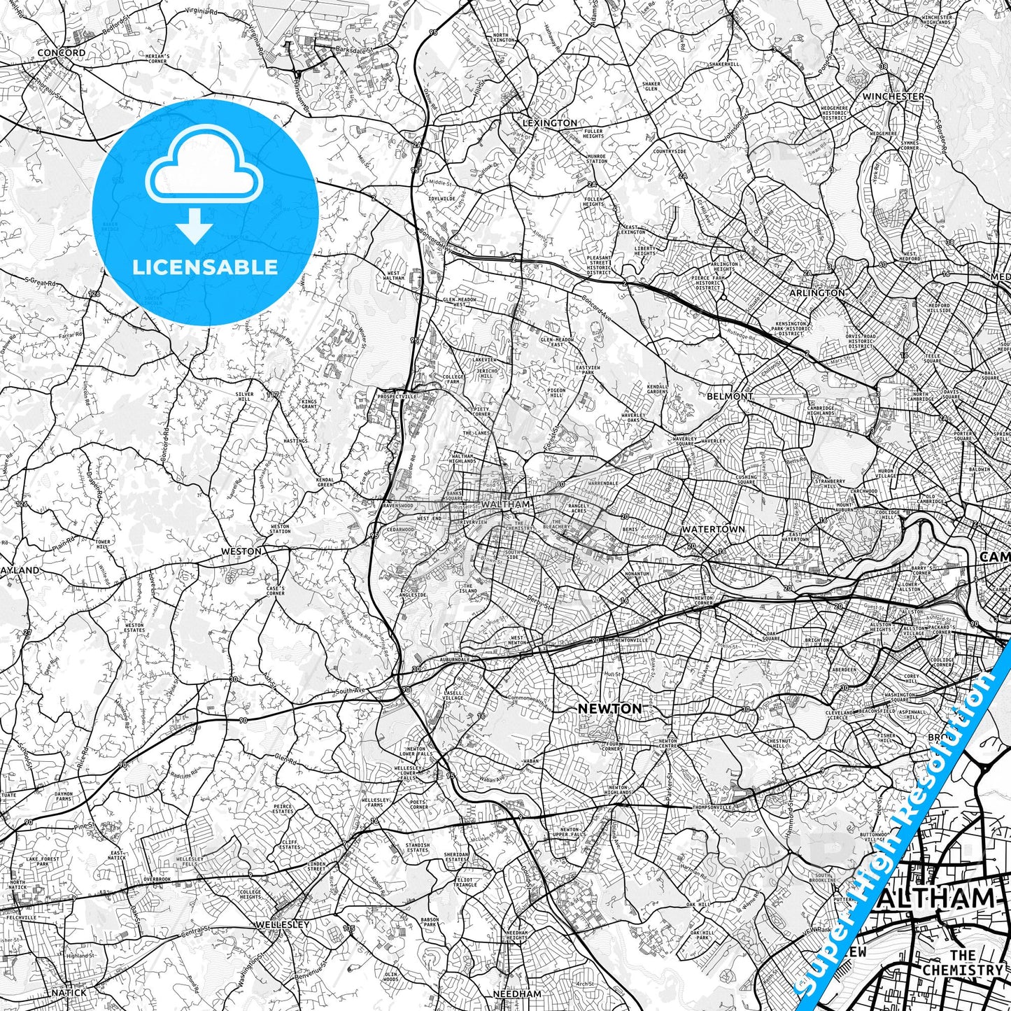 Waltham, Massachusetts light map with streetnames, citynames and districts