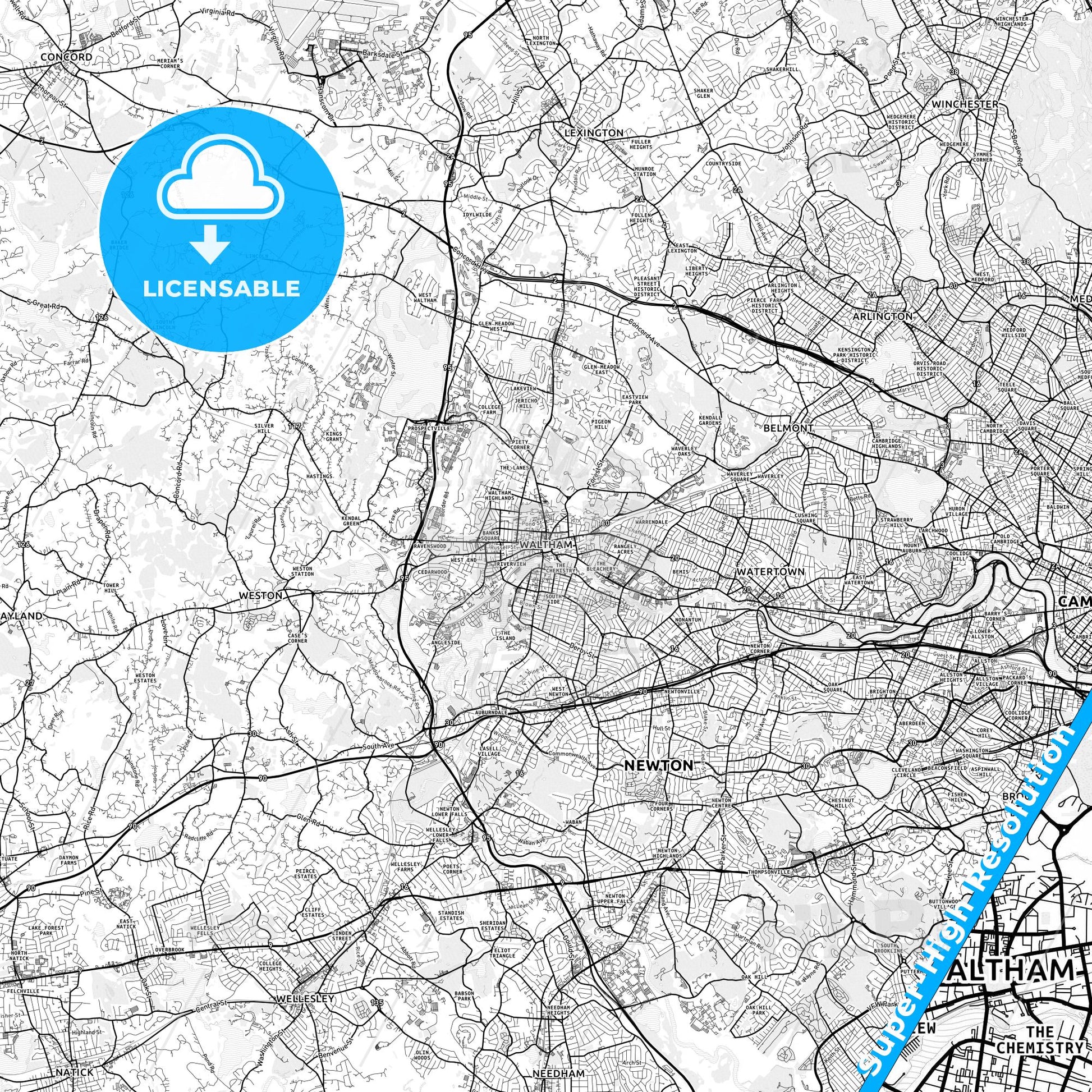 Waltham, Massachusetts light map with streetnames, citynames and districts
