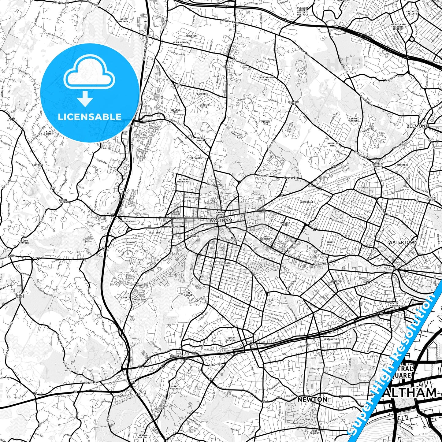 Waltham, Massachusetts Light Map with Street Names, City Names, and Districts