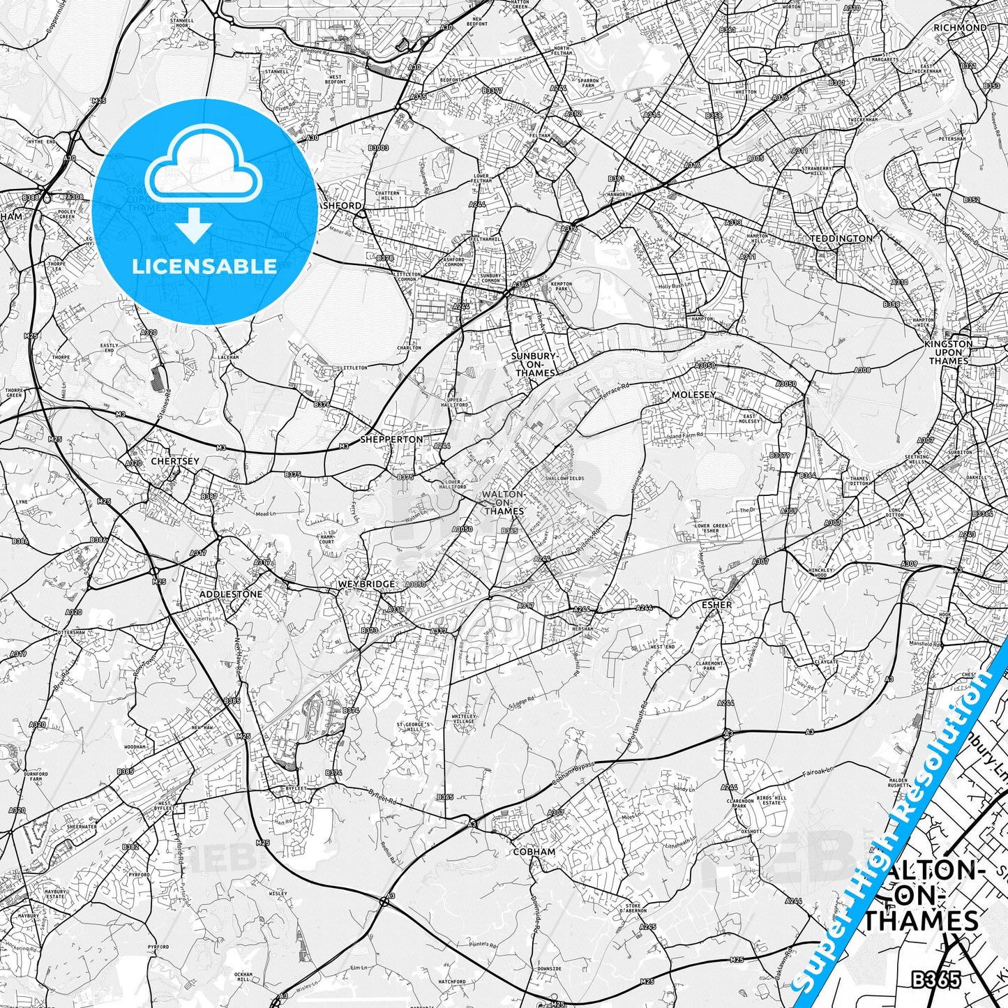 Walton-on-Thames, England light map with streetnames, citynames and districts