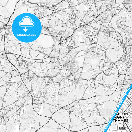 Walton-on-Thames, England light map with streetnames, citynames and districts