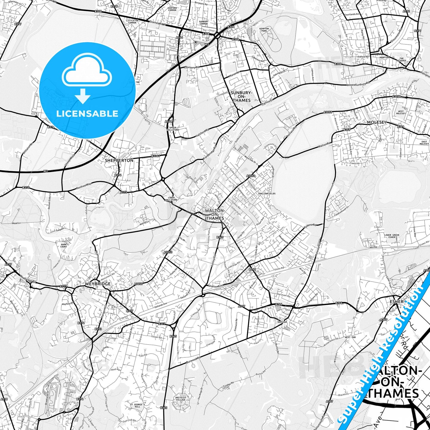 Walton-on-Thames, England Light Map with Street Names, City Names, and Districts