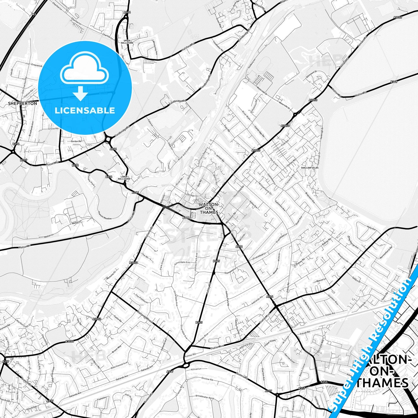 Walton-on-Thames, England Light Map with Street Names, City Names, and Districts