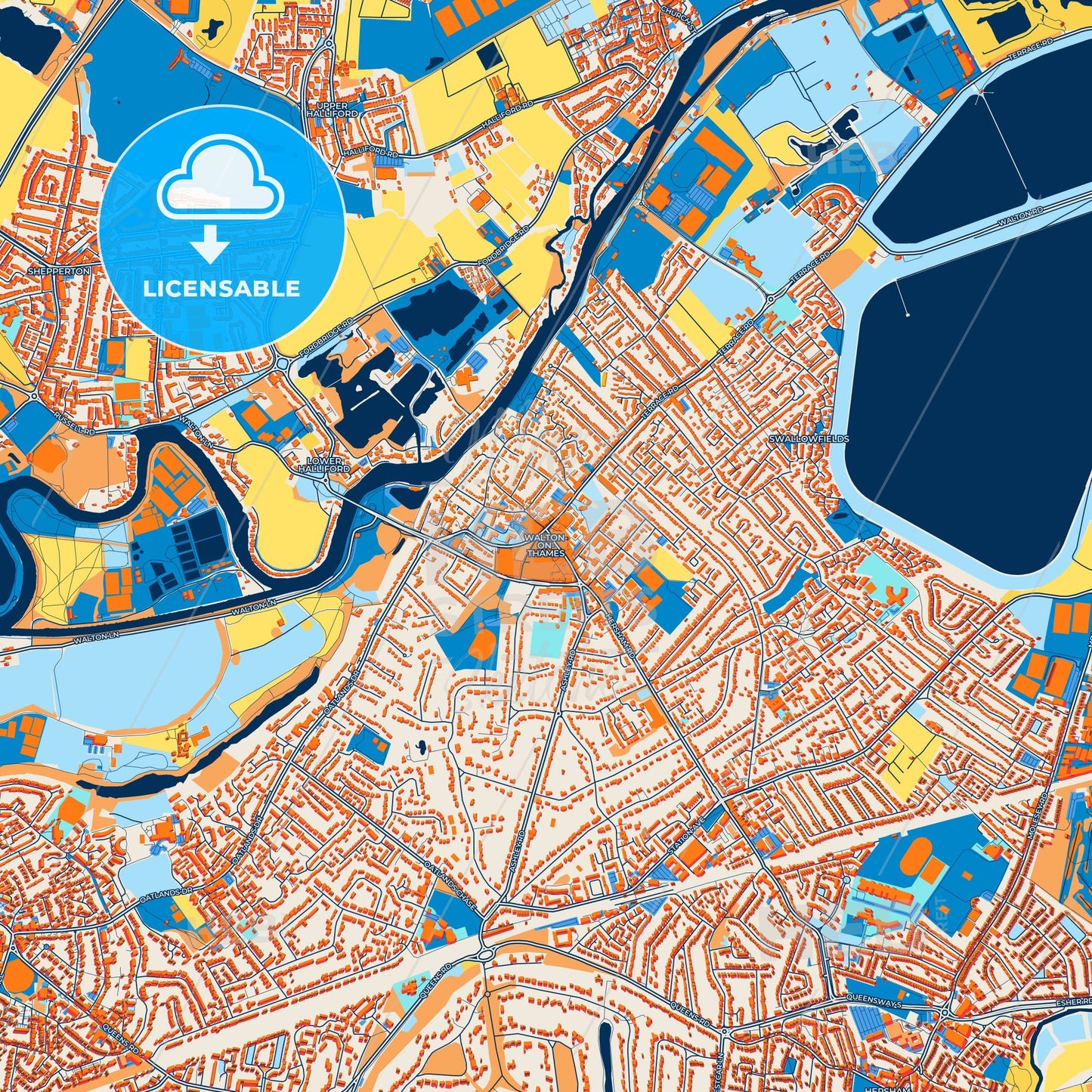 Colorful Walton-on-Thames Street Map with Labels and Buildings