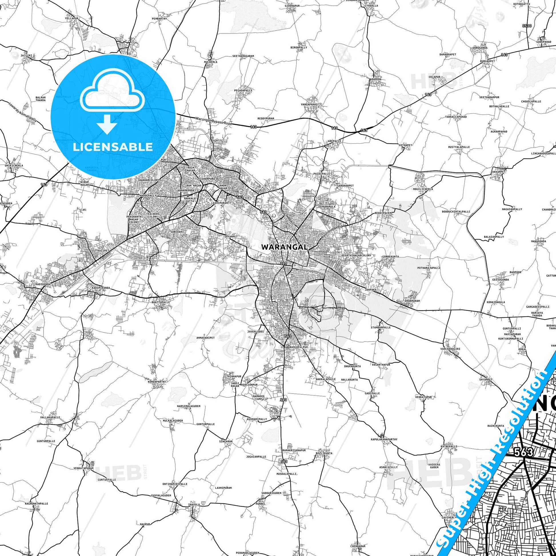 Warangal, India light map with streetnames, citynames and districts